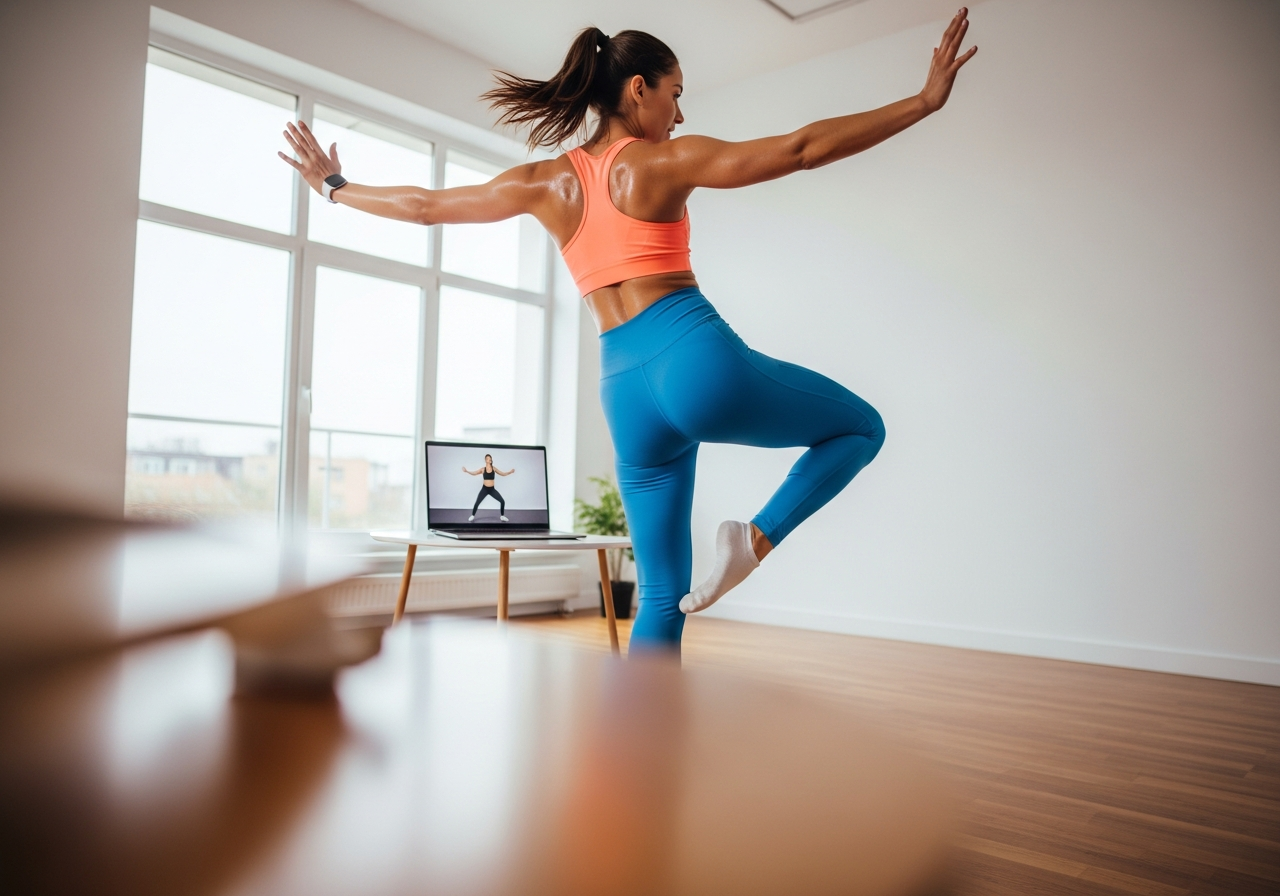 Женщина занимается онлайн-танцами дома у ноутбука